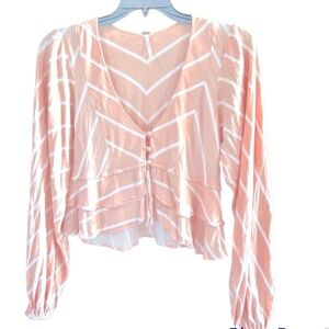 Free People Peach & White Stripe Ruffle Puff Sleeve Boho Top Size Small